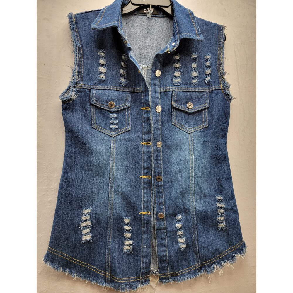Dasior Distressed Sleeveless Jean Denim Cardigan Vest Size M